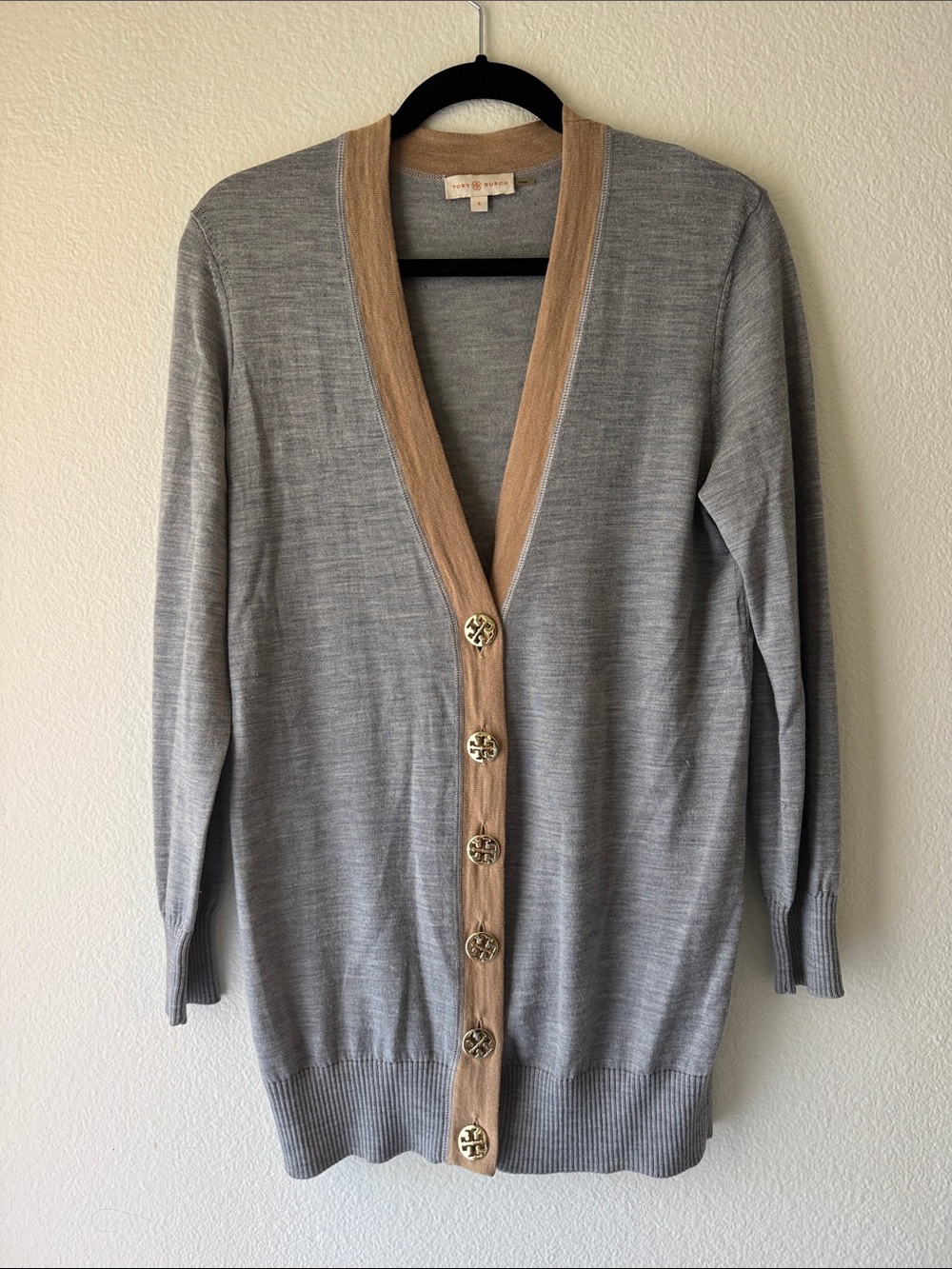 Tory Burch size small grey/tan cardigan gold buttons
